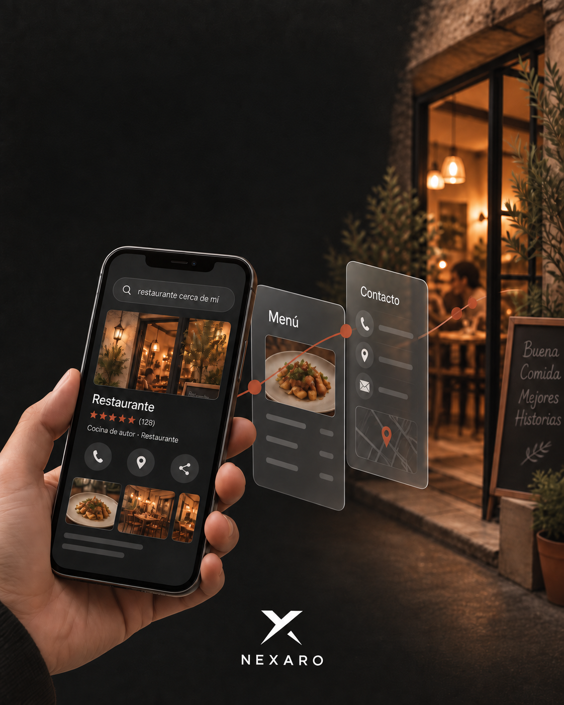 Ficha de Google de un restaurante mostrada en un móvil, junto a la entrada del local